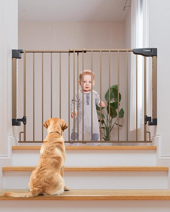 Cumbor 29.2–43" Baby Gate for Stairs, Wall-Mounted (Drill Required), Expandable No Bottom Bar Dog Gate, Auto Close Extra Wide Walk Thru, Pet & Toddler Proof Gate, Top & Bottom of Stairways (Brown)