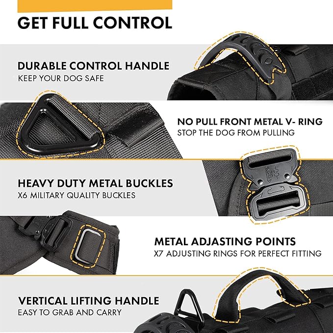 Tactical Dog Backpack Harness for Large Breed Original Design Metal Buckle Vest with Side Bags Pouches for Service Working Training (Black (with 2 Pouches), M)
