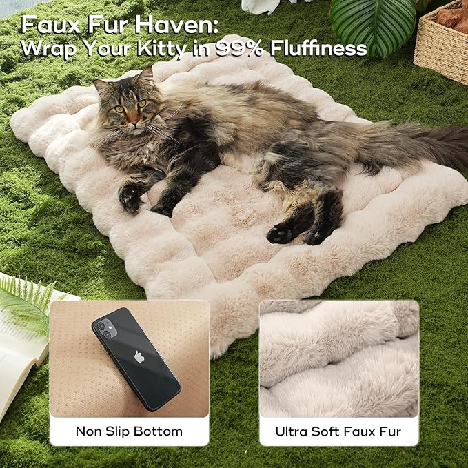 Dog Beds Mats Cat Bed Mat Plush Faux Fur Puppy Pad with Anti-Skid Bottom Cozy Kitten Bed for Carriers/Floor Dog Friendly 27 x 20 Inch Large Coffee