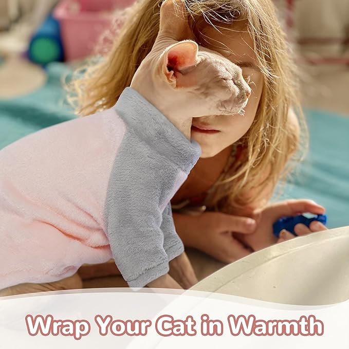 PUMYPOREITY Cozy Cat Sweater with Sleeves, Soft Coral Fleece Cat Clothes, Warm Winter Coat Thick Fleece for Hairless Cats, XL, Pink