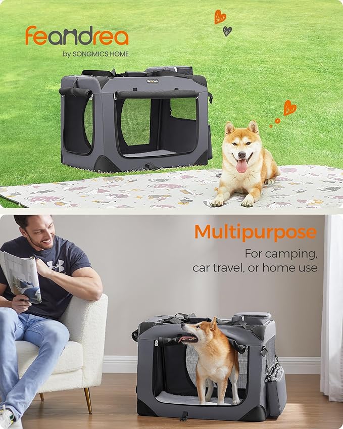 Feandrea 28 Inches Collapsible Soft Dog Crate, Portable Travel Dog Crate for Indoor and Outdoor Use, Dog Carrier Kennel with Safety Zippers, for Living Room, Car, Travelling, Camping, Gray UPDC70GY