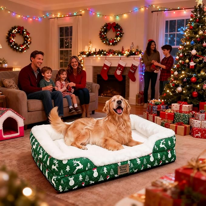 Christmas Washable Orthopedic Large Dog Bed - Removable Orthopedic Foam Pet Couches with Bolsters Waterproof Large Dog Bed and Non-Slip Bottom Extra Large Pet Sofa - Green
