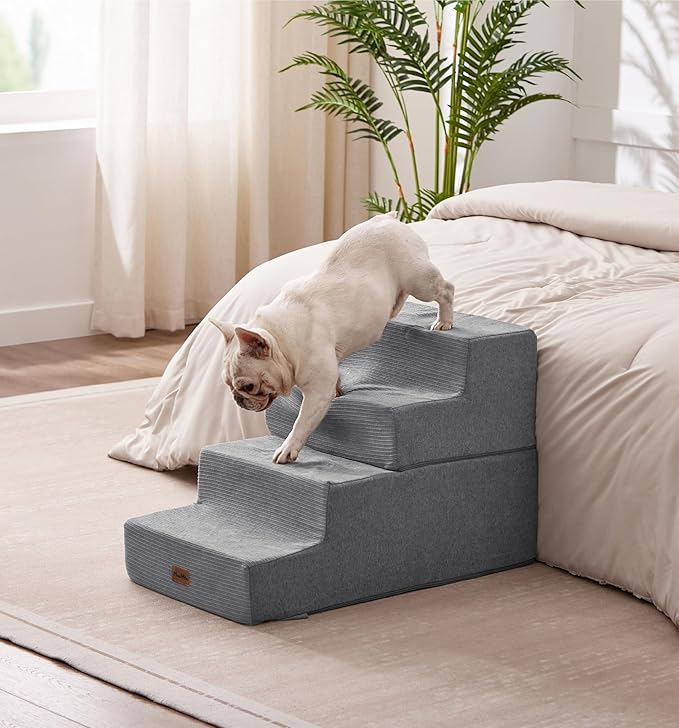 Made4Pets Dog Steps for Bed, Extra Wide Dog Stairs for High Bed Couch Sofa, 35D Foam Pet Steps for Small Dogs and Cats(Up to 40lbs), Non-Slip Bottom Pet Stairs, Grey, 4 Steps