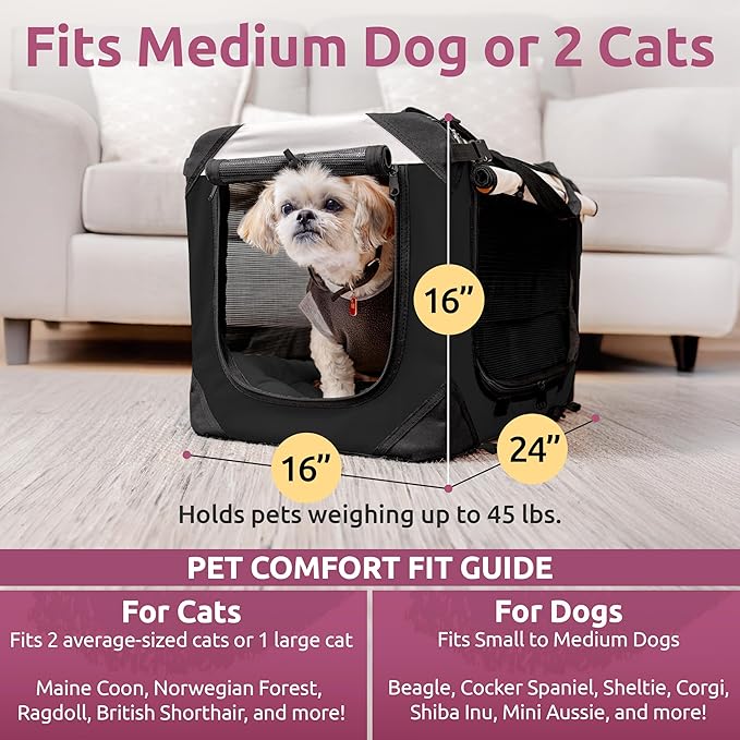 Soft-Sided Cat & Dog Pet Carrier, Large 24"x16"x16", Fits Large Cat, 2 Cats, or Medium Dog Comfortably, Great for Travel & Vet Visits, Privacy Windows, Removable Bed, Locking Zippers, Folds Flat