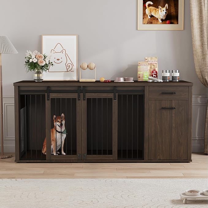 Large Dog Crate Furniture Large Breed,71 Inch Wooden Dog Crate with Tilt Out Trash Cabinet,Drawers,Divider and Sliding Barn Door, Double Doors Dogs Crate for 2 Dogs (Brown)