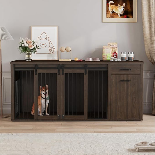 Large Dog Crate Furniture Large Breed,71 Inch Wooden Dog Crate with Tilt Out Trash Cabinet,Drawers,Divider and Sliding Barn Door, Double Doors Dogs Crate for 2 Dogs (Brown)