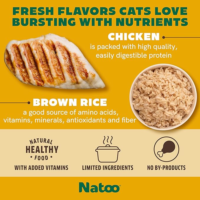 NATOO Cat Food Topper for Picky Eaters & Healthy Soft Cat Treat (Chicken & Brown Rice in Broth), Wet Food with Gravy, High Protein & Limited Ingredient, 2.4 oz (Case of 20)