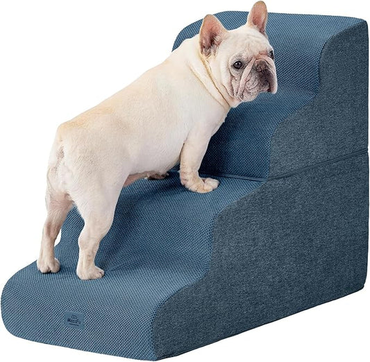 Navy Blue Curved Dog Stairs Ramp for High Beds 22.8" H, 4-Step Dog Steps for Small Dogs and Cats, Pet Stairs for High Bed Climbing, Non-Slip Balanced Pet Step