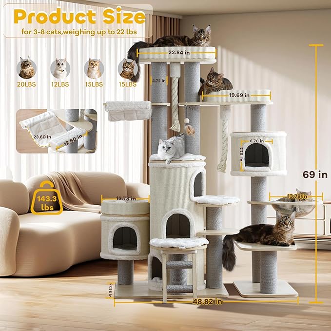 69'' Modern Cat Tree,Multi-Level Wood Large Cat Tower with Condo,Hammocks,Tall Cat Tree with Sisal Posts,Ladder,Removable Mats,Luxury Heavy Duty Tree Tower for Indoor Large Cats