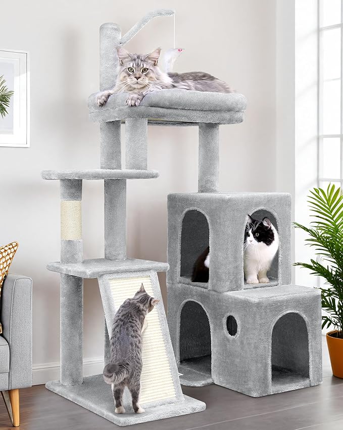 Globlazer F50 Cat Tower for Indoor Cats, 50-inch Heavy Duty Cat Tree for Big Cats, Cat Tree House with Extra-Large Padded Platform, Sisal Scratching Board, 2 Large Condos, Cloud Grey