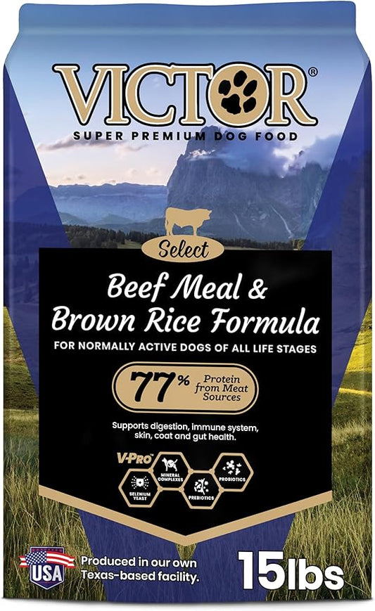 VICTOR Super Premium Dog Food – Select Beef Meal & Brown Rice Formula for Immune and Gut Health – Gluten-Free Beef Meal Dry Dog Food for All Normally Active Dogs of All Life Stages, 15 lbs