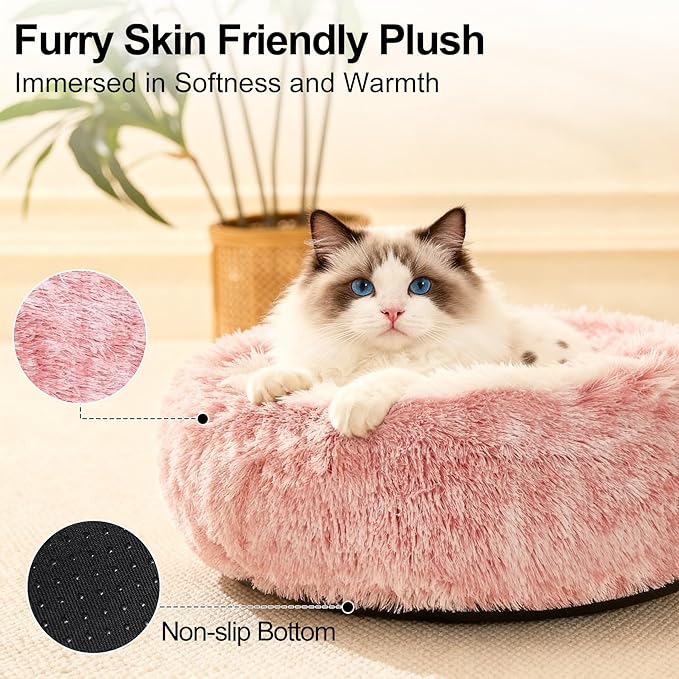 Calming Dog Beds & Cat Cave Bed with Hooded Cover,Removable Washable Round Beds for Small Medium Pets,Anti-Slip Faux Fur Fluffy Coved Bed for Improved Sleep,Fits up to 15/25 lbs(Bean Mush,S)