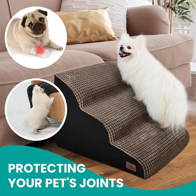 Dog Stairs for Small Dogs, 15.8 in H 3 Step Curved Dog Ramp for High Bed and Couch, Foam Dog Ramp with Durable Non-Slip Waterproof Fabric Cover, Pet Stairs for Pets Joints, Brown