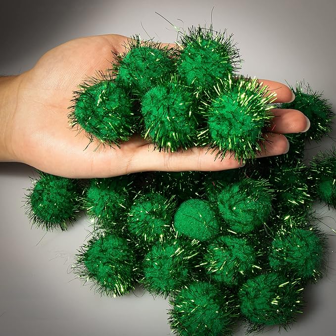 VAPKER 30 Piece 1.5" Green Color Sparkle Balls Cat's Favorite Toy Tinsel Pom Poms Glitter