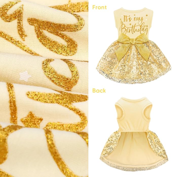 Birthday Dog Dress with Gold Sparkly Sequin Princess Dog Clothes for Small Medium Large Dogs Girls Boys Cats Outfit Apparel
