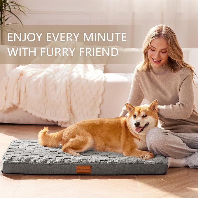 Patas Lague Orthopedic XL Dog Bed Large Sized Dog 42''X28'', Waterproof Soft Comfortable Egg Crate Foam Large Pet Beds Crate Mat with Removable Washable Cover and Nonskid Bottom, Grey