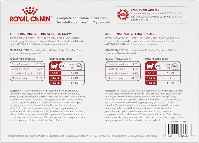 Royal Canin Feline Health Nutrition Adult Instinctive Adult Thin Slices in Gravy and Loaf in Sauce Variety Pack Cat Food, 3 oz (Pack of 12)
