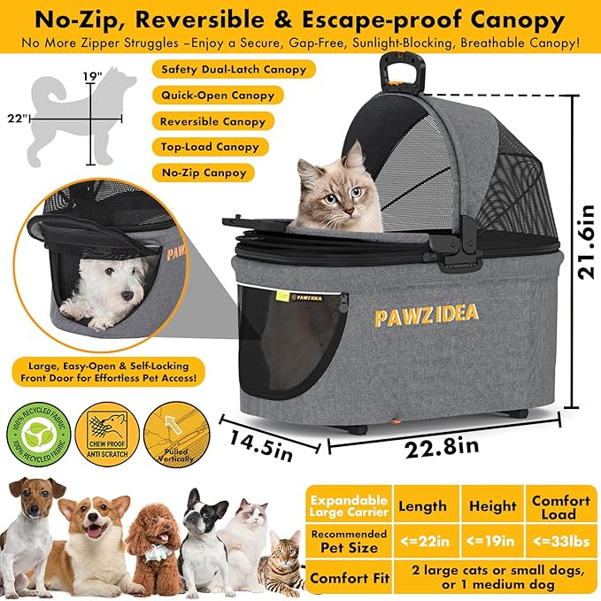 PAWZIDEA Pet Stroller 4 in 1, Dog Strollers with Detachable Carrier No-Zip Canopy, Portable Pet Crate for Car Seat Travel, Foldable & Lightweight Jogger for Small/Medium Dogs and Cats, Storage Basket