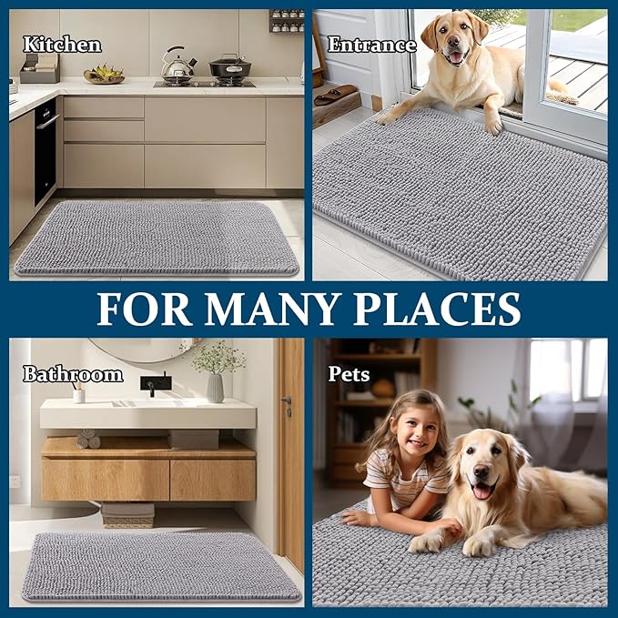 OLANLY Dog Door Mat for Muddy Paws 34x21, Absorbs Moisture and Dirt, Absorbent Non-Slip Washable Doormat, Quick Dry Chenille Mud Mat for Dogs, Entry Indoor Entryway Carpet for Inside Floor, Light Grey