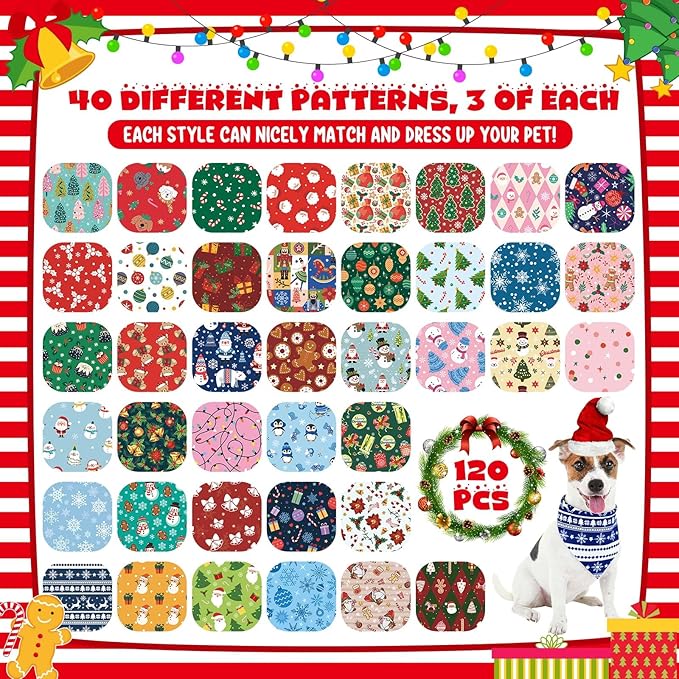 120 Pcs Christmas Dog Bandanas Bulk Santa Claus Pet Bandanas Dog Handkerchiefs Bell Scarf Bibs Triangle Bibs Adjustable Kerchief Pet Grooming Costume Accessories
