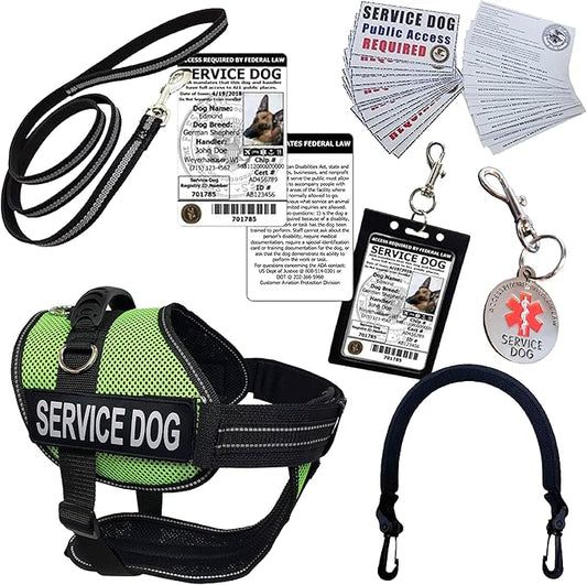 ActiveDogs Full Service Dog Kit - 2XL Lime Vest Harness With Handle, ID, ID Holder, ADA Cards, Medical Alert Keychain, Leash & Patches