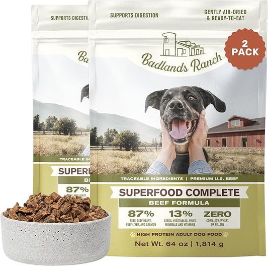BADLANDS RANCH by Katherine Heigl- Superfood Complete, Air-Dried Adult Dog Food - High Protein, Zero Fillers, Superfood Nutrition (64 Ounce (Pack of 2), Beef)