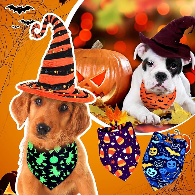 Newwiee 200 Pcs Halloween Dog Bandanas Bulk for Dogs Adjustable Triangle Bibs Scarf Halloween Pumpkin Bat Skull Ghost Spider Pet Costumes Scarf Holiday Accessories for Large Dog Puppy