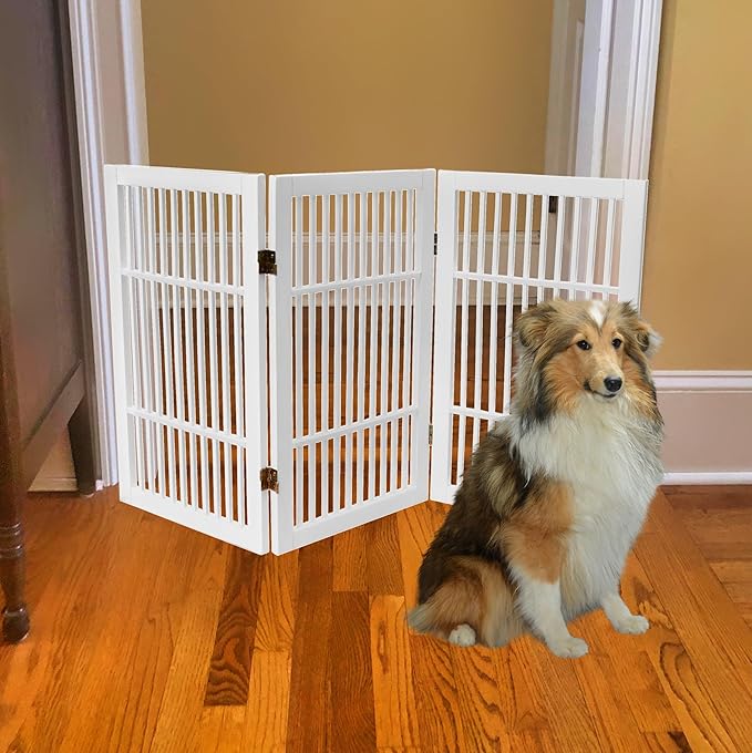 Pet Dog Gate Strong and Durable Freestanding Folding Acacia Hardwood Portable Wooden Fence Indoors or Outdoors by Urnporium (White Pet Gate, 3 Panel 30" Tall)