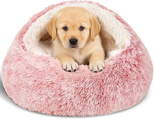 Calming Bean Mush Beds & Cat Cave with Hooded Cover, Removable Washable Round Beds for Small and Medium Pets, Anti-Slip Faux Fur, Fits Up to 15/25 lbs