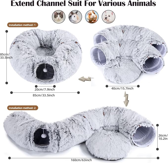 Odoland Cat Tunnel Bed with 20 Cat Toys - Indoor Plush Kitten Couch,Detachable Cats Cave Donut Tunnel & Soft Kitten Toy Set-Cozy Cat Furniture Grey