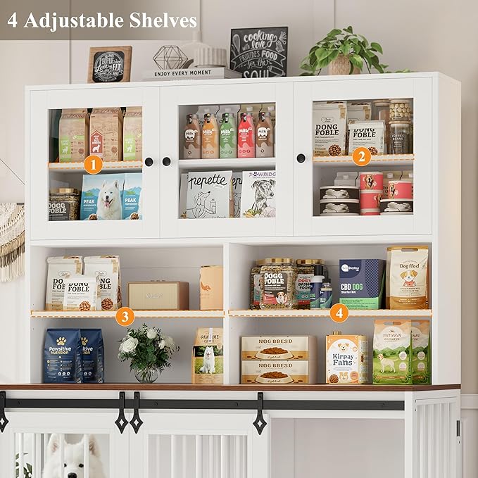 HOSTACK 71" Tall Dog Crate Furniture, 55" W Dog Kennel with Storage Hutch, XL Dog Crate for 2 Dogs with Feeding Bowls, Indoor Heavy Duty Dog Cage with Removable Room Divider, Wooden Pet House, White