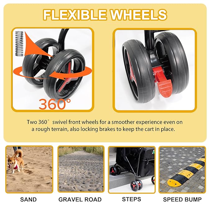 Pet Carrier with 4 Wheels, Detachble,Clean and Replace Pet Basket, Portable and Foldable Pet Travel Stroller for Small/Medium Dogs and Cats up to 66lbs, 4 in 1 Multifunctional (Beige+Yellow)