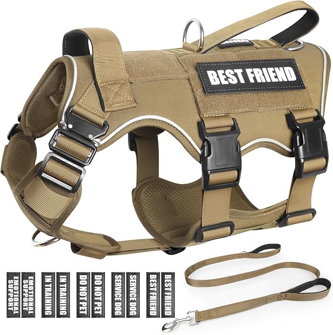 Tactical Service Dog Vest Harness and Leash Set,Heavy Duty Dog Harness with Metal Buckles for Large Dogs,Adjustable No Pull Pet Vest with 10 Patches,for Training Working Hiking,Brown XL