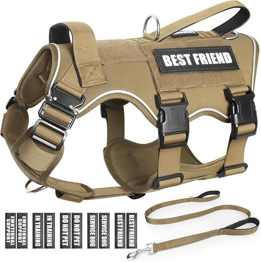 Tactical Service Dog Vest Harness and Leash Set,Heavy Duty Dog Harness with Metal Buckles for Large Dogs,Adjustable No Pull Pet Vest with 10 Patches,for Training Working,Brown L