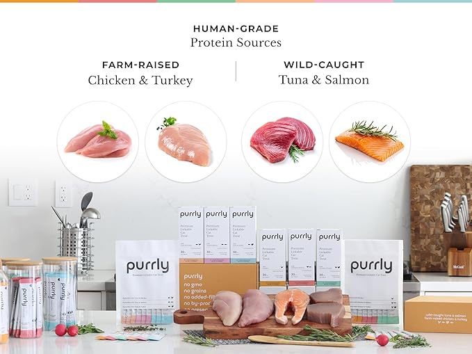 Purrly Hydrating Wet Cat Treat Snack Topper Creamy Purée Human-Grade Chicken Breast & Salmon with Omega-3 & 6 for Skin & Coat (30 Count) Healthy Lickable Squeeze Soft Snack