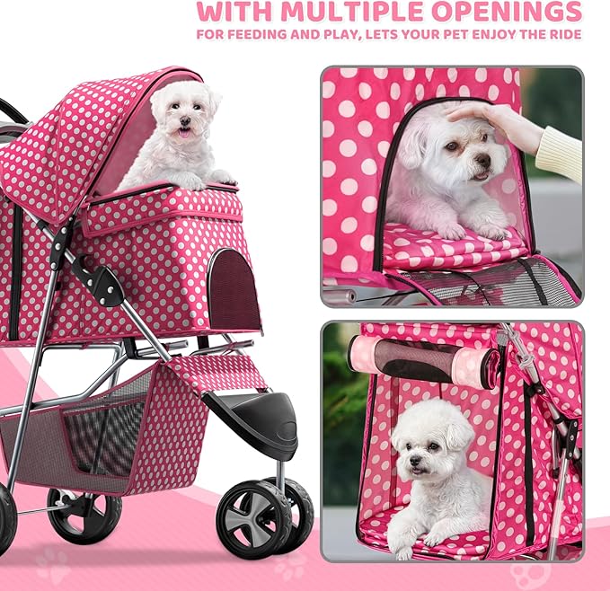 Magshion 3-Wheel Pet Stroller, Foldable Travel Jogger for Small & Medium Dogs & Cats (Up to 33lbs), Lightweight Carrier with Breathable Mesh Cover, Cup Holder & Storage Basket, Hot Pink Polka Dots