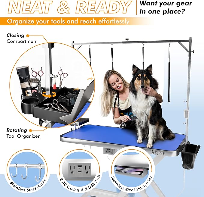 KANIS Professional Electric Dog Grooming Table - Heavy Duty, Height Adjustable Pet Grooming Table w/Leveling Wheels, Grooming Arm, Anti Slip Tabletop & Tool Organizer/Dog Grooming Station (49", WHITE)