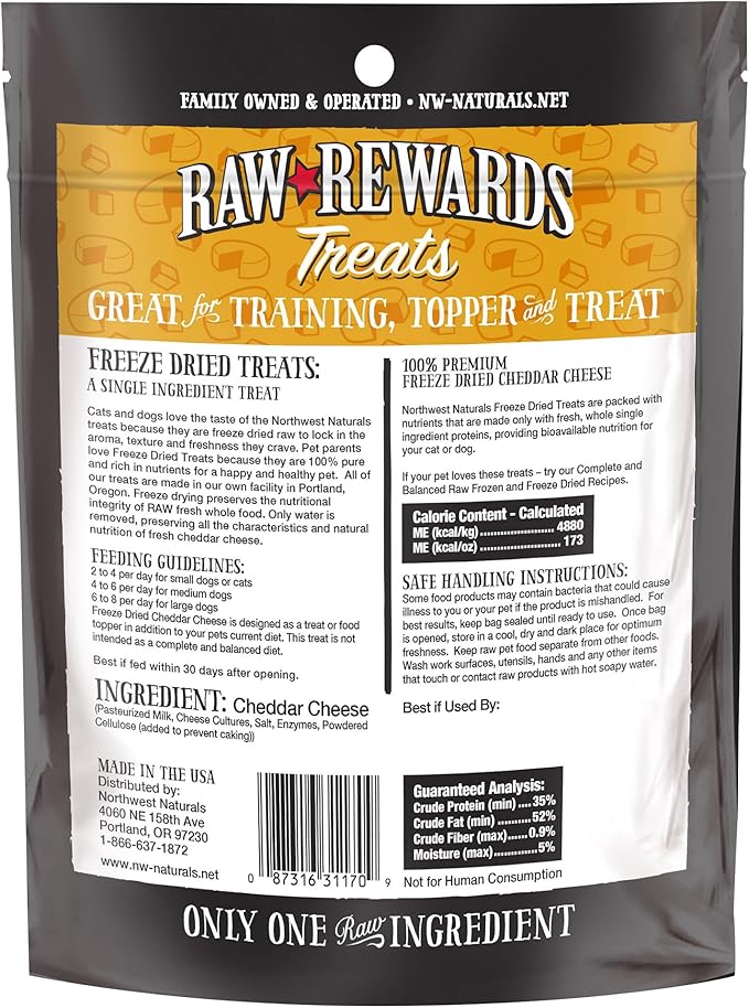 Northwest Naturals Raw Rewards Freeze-Dried Cheddar Cheese Treats for Dogs and Cats - Bite-Sized Pieces - Healthy, 1 Ingredient, Human Grade Pet Ingredients, All Natural, Proudly Made in USA, 6 Oz