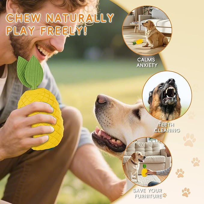 Pineapple Dog Toy, Indestructible Chew Toy with Squeaker, Durable Nature Rubber for Medium Large Breed Dogs, Interactive Play, Teeth Cleaning, Boredom Relief