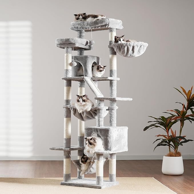 Heybly Cat Tree, 71-Inch-Tall Tower for Indoor Cats with 2 Perches, 2 Big Condos, 2 Hammocks, Basket, Scratching Pad, Large Cat Furniture and Condo, Light Gray HCT034W