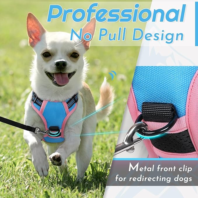 Eagloo Small Dog Harness No Pull, Service Vest with Reflective Strips and Control Handle, Adjustable and Comfortable for Walking, No Choke Pet Harness with 2 Metal Rings, Pink & Blue, XS