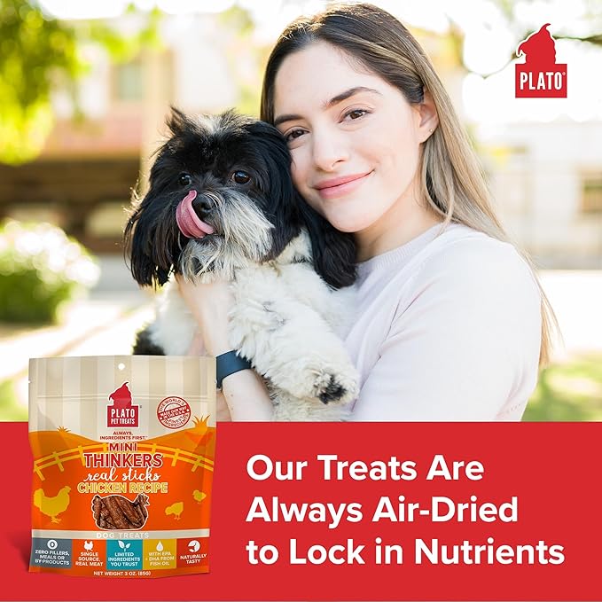 PLATO Mini Thinkers Sticks - Natural Dog Treats - Real Meat - Air Dried - Made in the USA, Chicken Flavor, 6 ounces