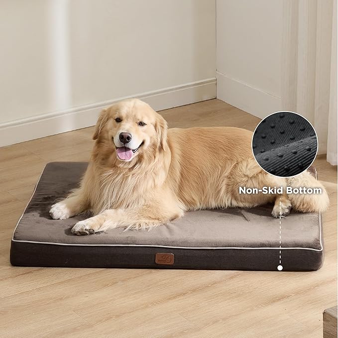 Bedsure Memory Foam Dog Crate Bed for Extra Large Dogs - XL Orthopedic Pet Beds with Removable Washable Cover and Nonskid Bottom - Plush Flannel Fleece Top Pet Mat, Brown