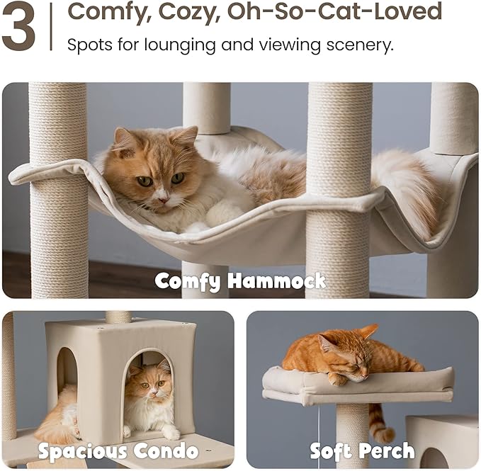 MWPO Large Modern Cat Tree, 70.1-Inch Wood Cat Tower for Indoor Cats, Multi-Level Tall Cat Condo with 2 Padded Perches, Hammock, Scratching Posts, Dangling Toys, Beige