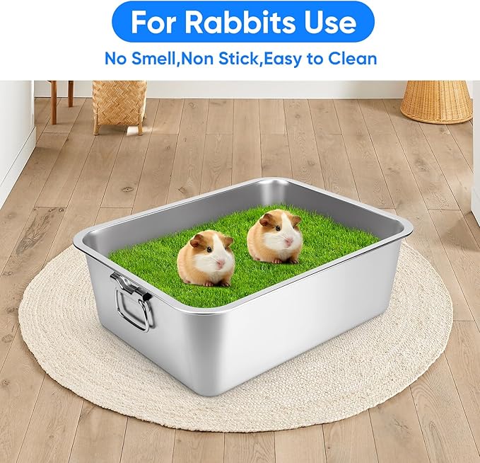 Stainless Steel Litter Box with Handle for Cat and Rabbit, 24" L x 16" W x 6" H, Odor Control Litter Pan, Fold-able Feeding Plate, Non Stick Smooth Surface
