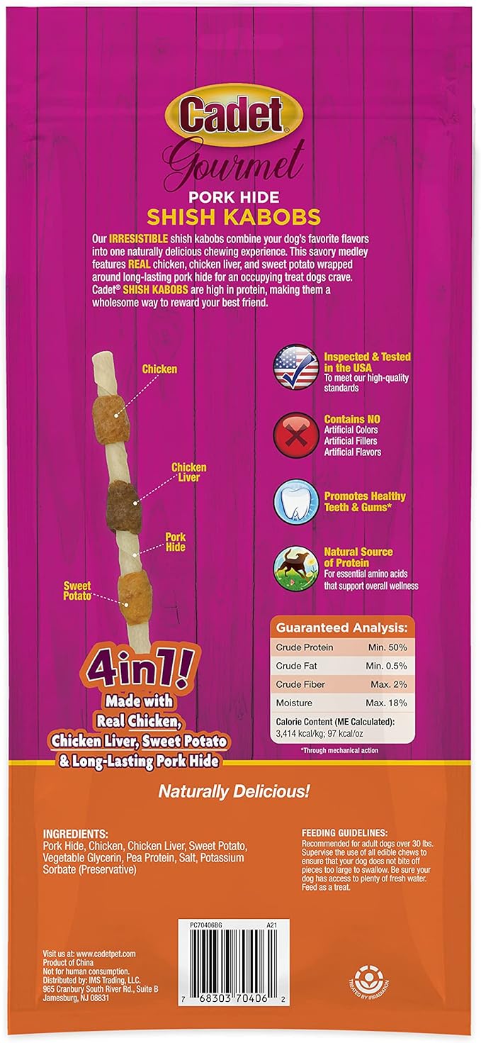 Cadet Gourmet Shish Kabob Dog Chews for Large Dogs, Rawhide Treats with Chicken and Sweet Potato, Healthy & Natural Pork Hide, 10-Inch Sticks, 4 Count