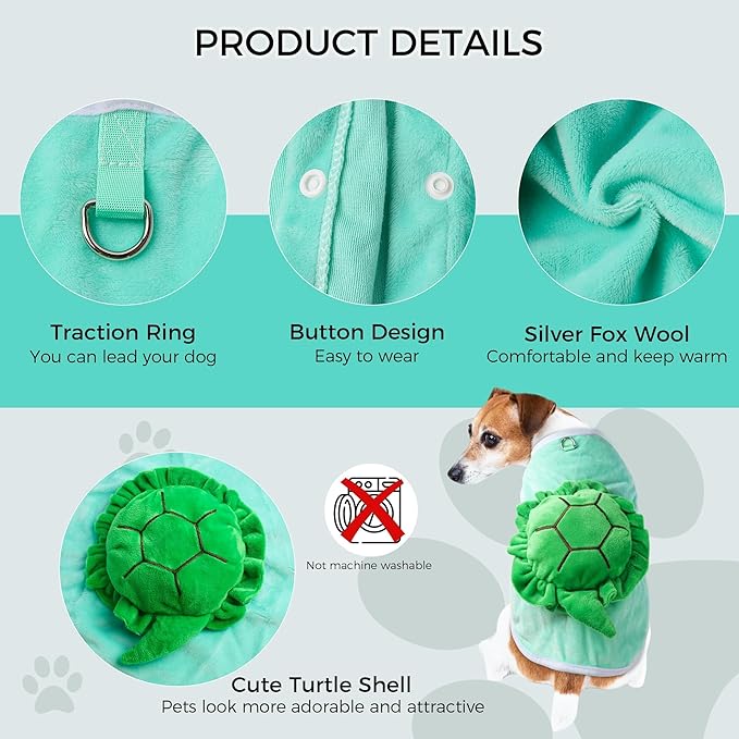 NACOCO Halloween Dog Turtle Costume - Pet Christmas Cosplay Clothes Puppy Funny Winter Warm with D-Ring Soft Coat Outfit Apparel Vest for Small Medium Large Dogs (Green, S)