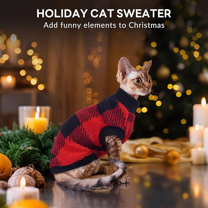 PUMYPOREITY Winter Warm Cat Sweater with Stretch Ribbed Collar & Cuffs, Snug & Secure Fit with Soft Plush Fleece, Easy-On Cat Sweatshirt for Indoor/Outdoor Use,Red, M