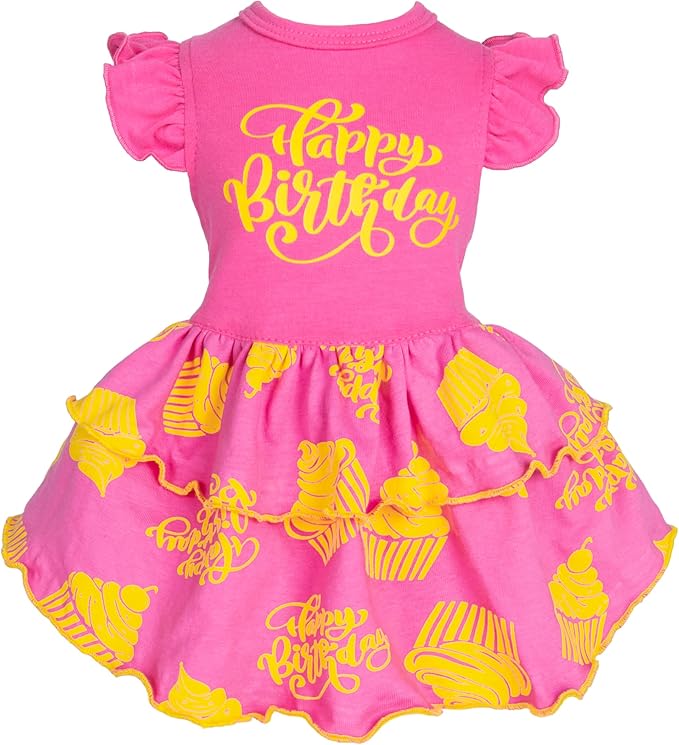 Fitwarm Happy Birthday Dog Tiered Dress, Dog Clothes for Small Dogs Girl, Pet Birthday Outfit, Doggy Apparel, Yellow, Rose Pink, XXS