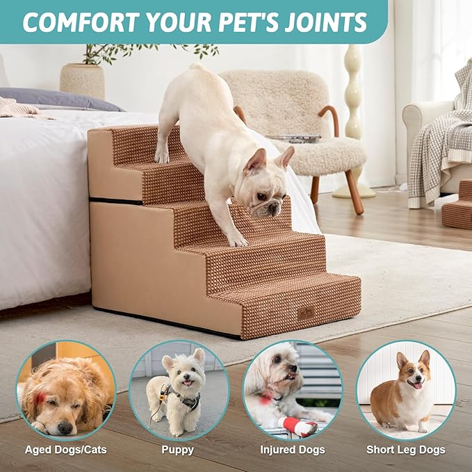 Dog Stairs for Small Dogs, 5 Tier Removable Wider Pet Stairs for Couch and Bed, 23.6" H Non-Slip Dog Steps for Puppies and Old Cats with Support Board, 19.7x29.5x23.6 inch, Light Brown